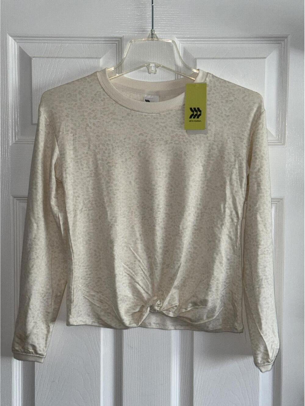 All in Motion Light Beige Long‑Sleeve Top with Subtle Print & Front Knot – XL 14
